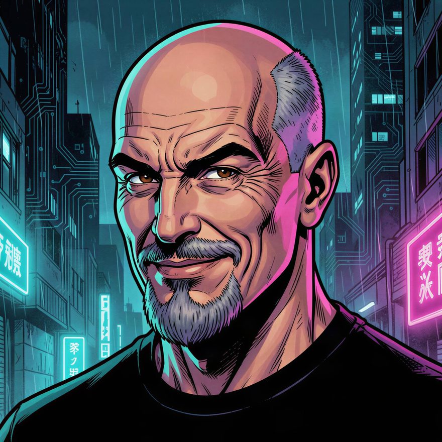 Comic-style portrait of Christo: bald, gray goatee, black T-shirt